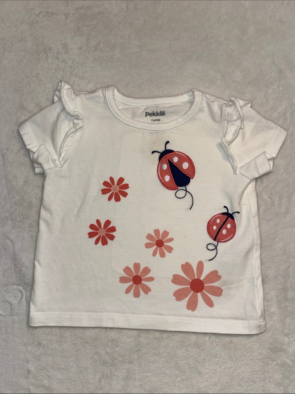 PEKKLE White Short-Sleeve Tee with Pink Flowers & Ladybugs